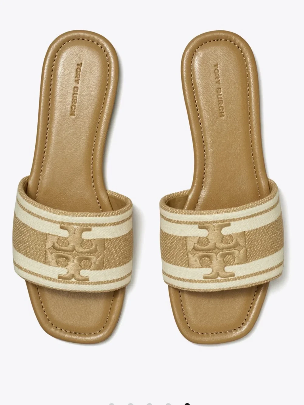 Tory Burch Cammello and Ash White Double-T Jacquard Slide Sandals